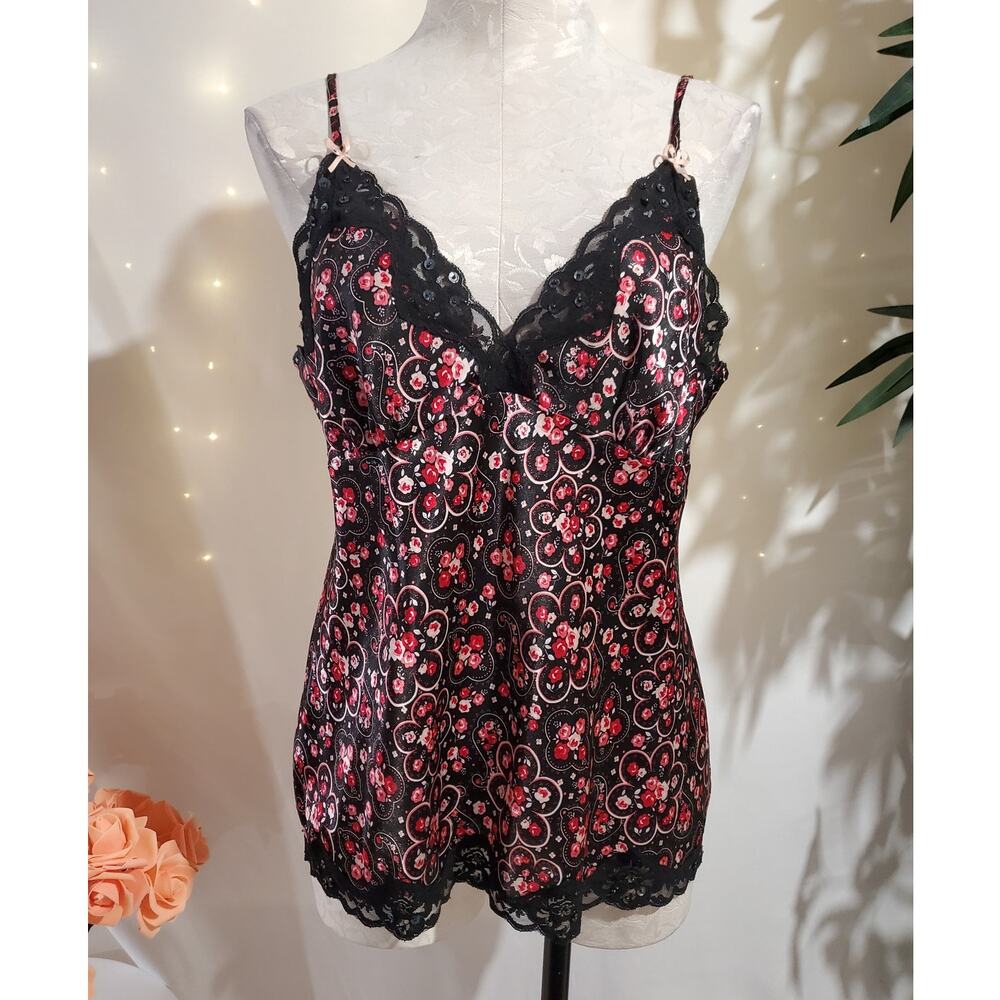 Vtg Candies Floral Satin Babydoll Lace Sequin Beaded Trim Cami Junior Sz XL Y2K
